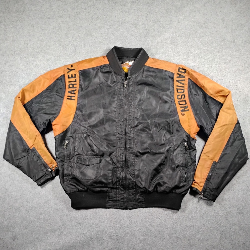 Harley-Davidson Mens Medium Black Orange Nylon Bomber Biker Jacket